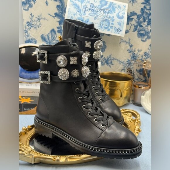 🆕 KURT GEIGER LONDON 🧿 NWOB Stoop Black Leather Combat Boot, Crystal Sz 37 US7 - Picture 9 of 15